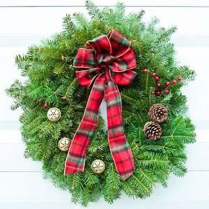  Fresh Maine Plaid Balsam Wreath with Gold Bells   Free 