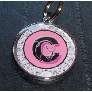  Fancy Pink Damask Initial Pet ID Tag 