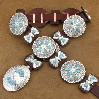 Navajo Nickel Silver Blue Turquoise Stamped Concho Belt  
