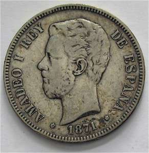 1871 SPAIN SILVER CROWN 5 PESETAS 1871 VF+  