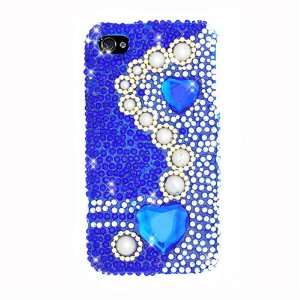 Apple Iphone 4 4s Hard Cover Snapon Case Blue Hearts Gold White Pearls 