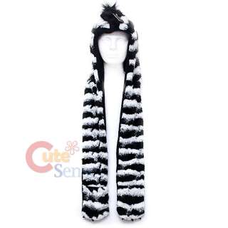 Zebra Fluffy Plush Lapland Hat w/ Mittens Pokect Scarf :Premium Fur 