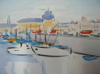 FAUVIST WATERCOLOR PAINTING SIGNED FRENCH SEAPORT 1950  