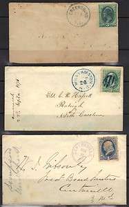 US NORTH CAROLINA 1820s THREE COVERS FANCY CANCELS IN VIOLET & BLUE 