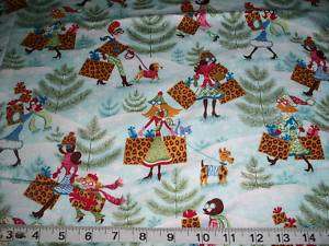 CUTE CHRISTMAS SHOPPING SCENES COTTON FABRIC GIRLS IN WINTER OUTFITS 