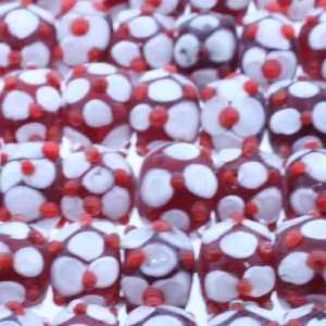 Lampwork Glass Red/White : Rondell Plain   17mm Height, 14mm Width 