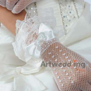 Lace Wrist Wedding Gloves with Beaded Double Hearted Bowknot (ST110059 