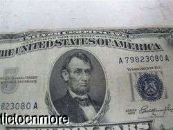 US 1953 $5 FIVE DOLLAR BILL BLUE SEAL SILVER CERTIFICATE SMALL NOTE 