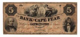 1858 $5 Bank of Cape Fear   Wilmington, NC Obsolete Note  