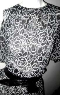 Vtg 80s ROSE floral Black WHITE sheer TENT mod Dress OS  