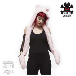 HELL BUNNY Shaggy Pink Hat, Scarf & Gloves In One  