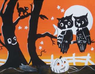 Folk Art Vintage Inspired OWLS White Pumpkin Trees Cat HALLOween PRINT 
