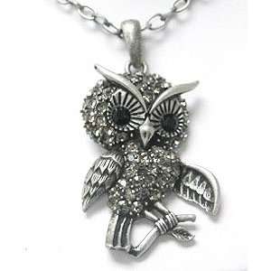  Beautiful LARGE Gray Crystal Owl Charm Necklace Antique 