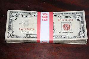   100)* 1953 & 1963 $5 RED SEAL UNITED STATES NOTES $500 FACE VALUE VG F