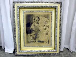 Antique Wood Framed Photo of Child in Wicker Chair NICE  