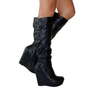   Buckles Accent Slouchy Knee High Covered Wedge Platform Boots Black