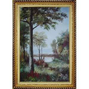   Pond Oil Painting, with Linen Liner Gold Wood Frame 42.5 x 30.5 inches