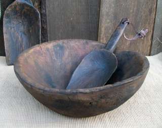 Primitive 8.5 Rustic Distressed Bowl Treen Ware Early Country Kitchen 