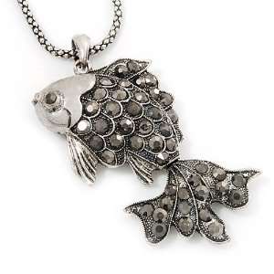 Vintage Crystal Fish Pendant Necklace In Burn Silver Metal   40cm 