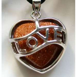  Goldstone Inlaid Alloy Metal LOVE Heart Pendant Necklace 