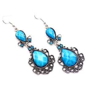  Gothic Victorian Aqua Stone Linear Crystals Earrings 