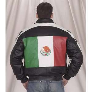 Mens Genuine Leather Mexican Flag BOMBER Jacket W/Z/O Lining & Neck 