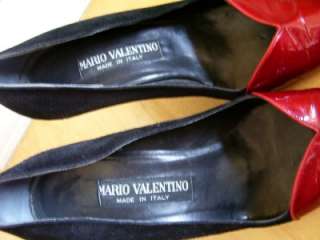 MARIO VALENTINO Vintage Black Suede Spike Heel Red Patten Leather 