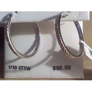 Genuine Diamond 1 Hoop Earrings, Marked 925 Sterling Silver 1/10 Cttw 