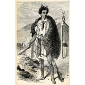  1879 Wood Engraving New Zealand Chief Costume Cape Tribal Tribe 