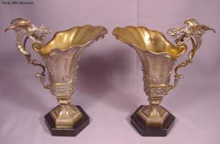 Superb Antique Pair Silvered Gilt Bronze Griffin Ewers  