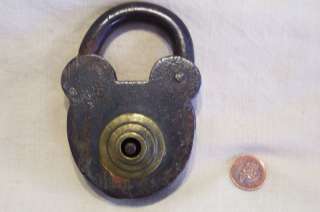Antique Iron & Brass Padlock Lock   no key   mouse ears  