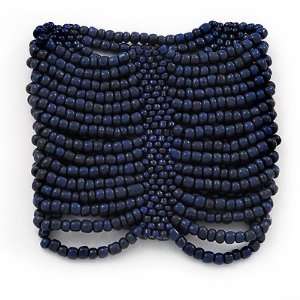  Wide Dark Blue Glass Bead Flex Bracelet   up to 19cm wrist 