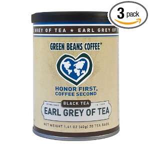 Green Beans Coffee Earl Grey Black Tea, 20 Count Tea Bags (Pack of 3 