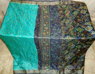   silk Antique Vintage Sari Fabric 4y Navy Blue Pistachio #001IO  