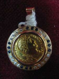 Ancient Rome Gold Solidus, 14ct Gold Pendant w Sapphire  