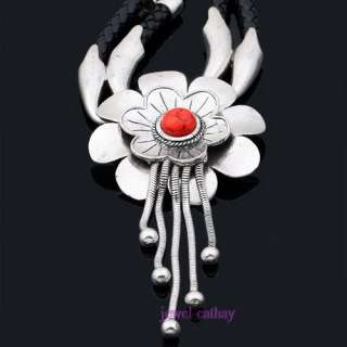 Tibet silver Snow Lotus Herb red turquoise necklace gf  