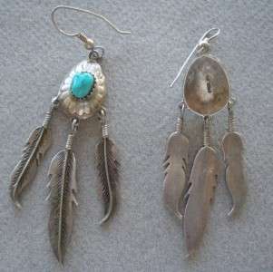 Navajo signed silver earrings w/ 3 feathers, turquoise  