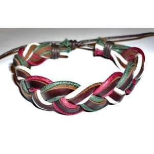   , Green , White , Red Braided Bracelet   Leather 