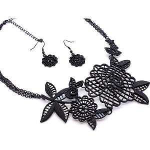 Victorian Gothic Black Garden Flower Metal Frame Necklace and Earrings 
