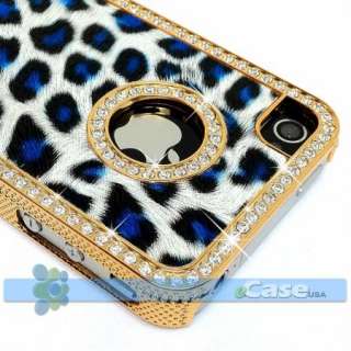 BLUE Cheetah Leopard Spot Design Diamond Rhinestone Bling Gold Case 