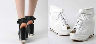 Womens Black White Strap Open Toe Sneakers Platform Wedge High Heel 