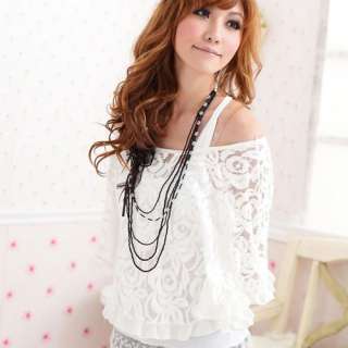 FANCYQUBE 2PCS BATWING SLEEVE LACE BLOUSE TOP + CAMI WHITE S  