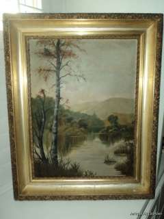 ANTIQUE Hudson River PAINTING Victorian 19C Lemon GOLD Frame Original 