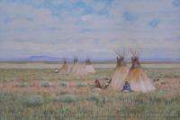 Antique 1900 Watercolor Painting American Indians in Landscape Listed 