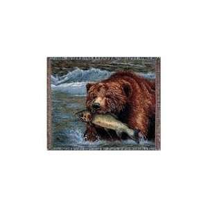  Grizzly Bear & Fish River Tapestry Throw Blanket 50 x 60 