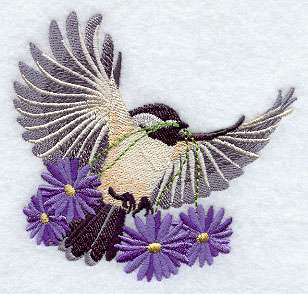 FLYING CHICKADEE     EMBROIDERED QUILT BLOCK (AZEB)  