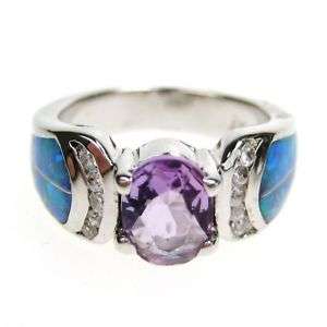 NEW OVAL CZ W/ INLAY BLUE OPAL 925 SILVER RING S7  
