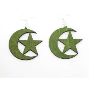  Apple Green Star and Crescent Islam Symbol Wooden Earrings 