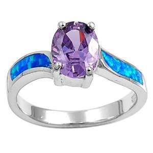 Sterling Silver Ring in Lab Opal   Blue Opal, Amethyst CZ   Ring Face 
