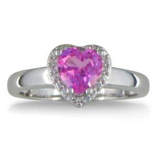 Sterling Silver Heart Shaped Created Pink Sapphire and Diamond Ring (2 